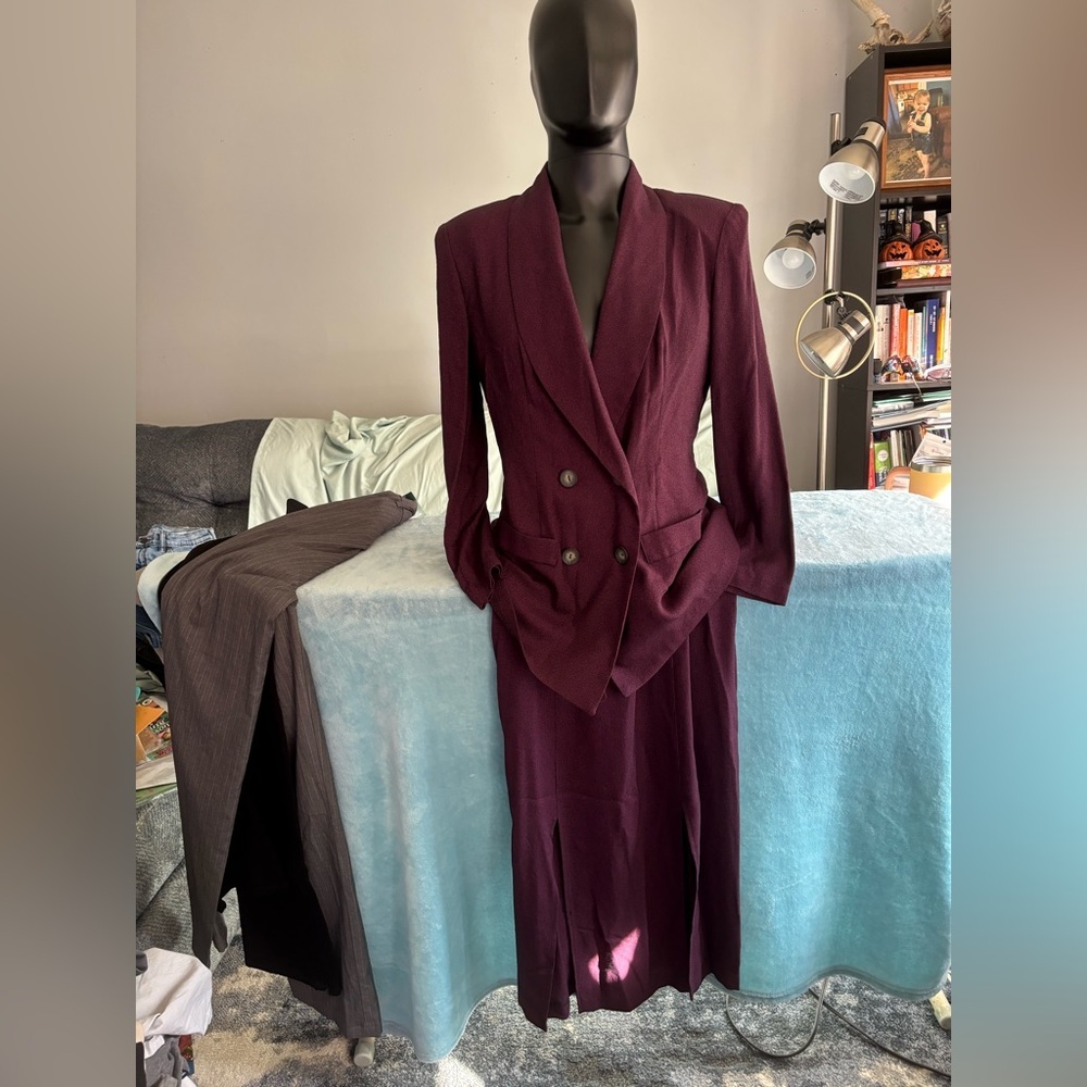 Women's Double-Breasted Blazer and Skirt Set - Deep Plum
